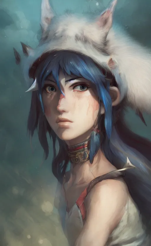 Prompt: Princess Mononoke as an elf, close up portrait by loish and WLOP, octane render, dynamic lighting, highly detailed, sharp focus, asymmetrical portrait, dark fantasy, trending on ArtStation