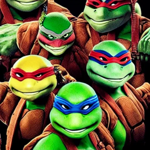 Image similar to teenage mutant ninja turtles ultra lifelike, bloody teeth, eating people, color photograph