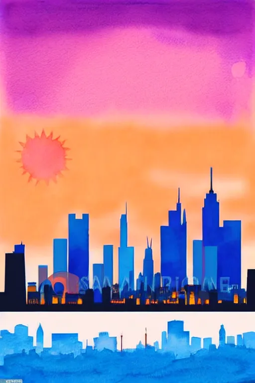 Image similar to minimalist watercolor art of frankfurt skyline at sunset, illustration, vector art