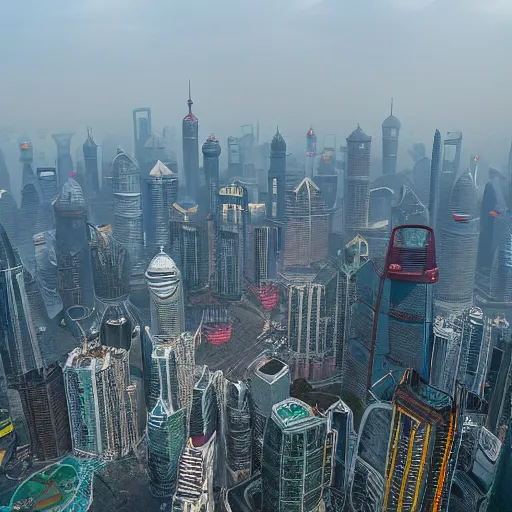 Prompt: massive alien mountain shadowing skyline of shanghai 4 k