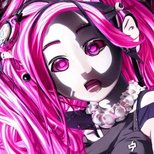 Image similar to stunningly beautiful megalomaniacal omnipotent anime asi goddess junko enoshima with symmetrical perfect face and porcelain skin, pink twintail hair and cyan eyes, traps you inside her inescapable full dive vr prison and teasing you, hyperdetailed, digital art from danganronpa, unreal engine 5, 2 d anime style, 8 k