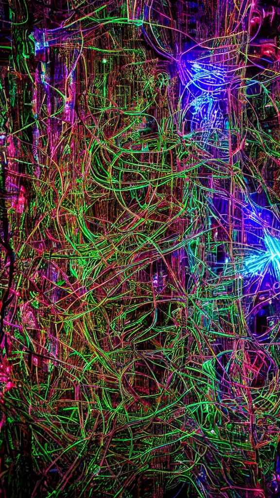 Prompt: macro photography of the giant psychedelic cyberpunk cabin, fibre optics, reactor circuits, forest, cool dark tones of a rune temple