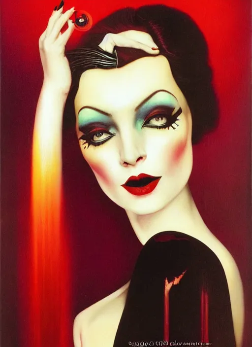 Image similar to an 8 0 s portrait of a woman with dark eye - shadow and red lips with dark slicked back hair dreaming acid - fueled hallucinations by serge lutens, rolf armstrong, delphin enjolras, peter elson