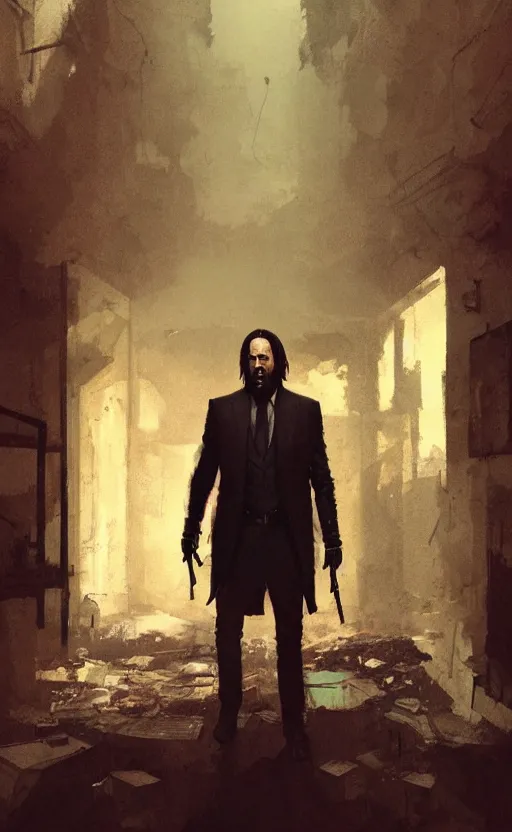 Prompt: nicolas cage as john wick in a dilapidated room, long shadow, dark room, vintage shading, warm colors, by Greg Rutkowski, artstation