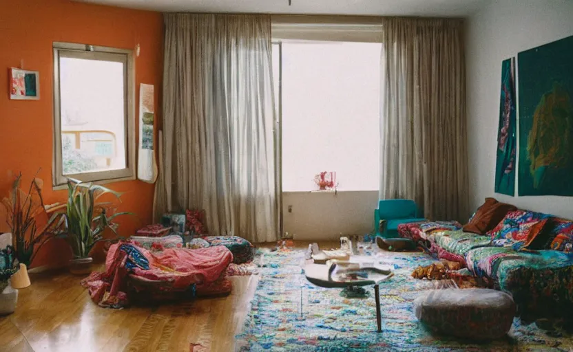 Image similar to a very 60's hippy style apartment, 35mm,Epic,cinematic