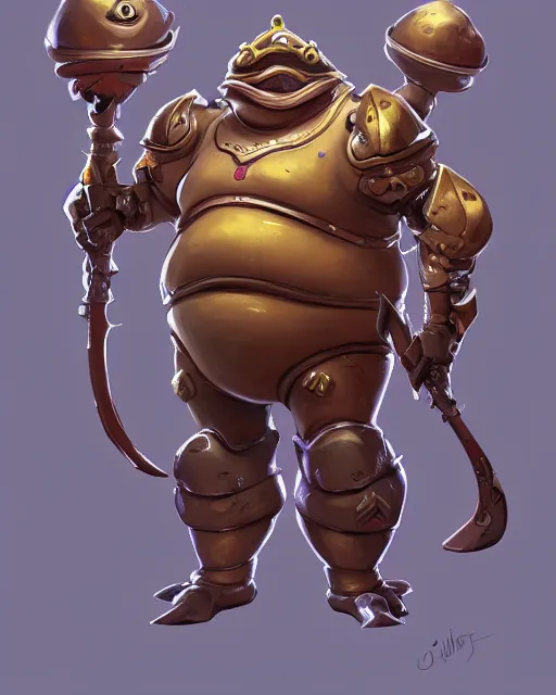 Prompt: a fat slimy anthropomorphic toad wearing regal ornate armor, battle stand, smooth, intricate, elegant, power aura, digital painting, artstation, concept art, high tech fantasy, sharp focus, illustration, art by james jean, overwatch character
