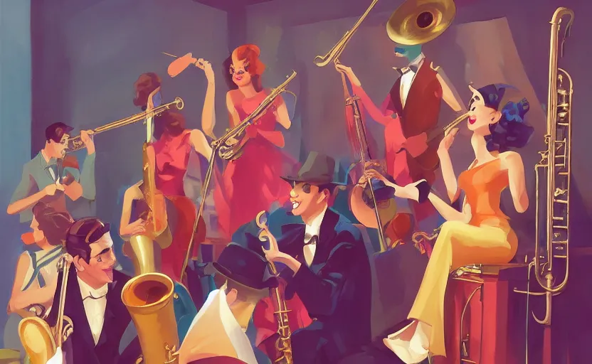 Image similar to the enchanted jazz band party with musicians and a glamorous female singer, 1 9 4 0, vintage micrphone, tenor saxophone, behance hd artstation by jesper ejsing, by rhads, makoto shinkai and lois van baarle, ilya kuvshinov, ossdraws