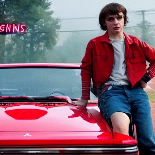 Prompt: Kavinsky in Stranger Things standing in front of a red sports car, night, cinetmatic