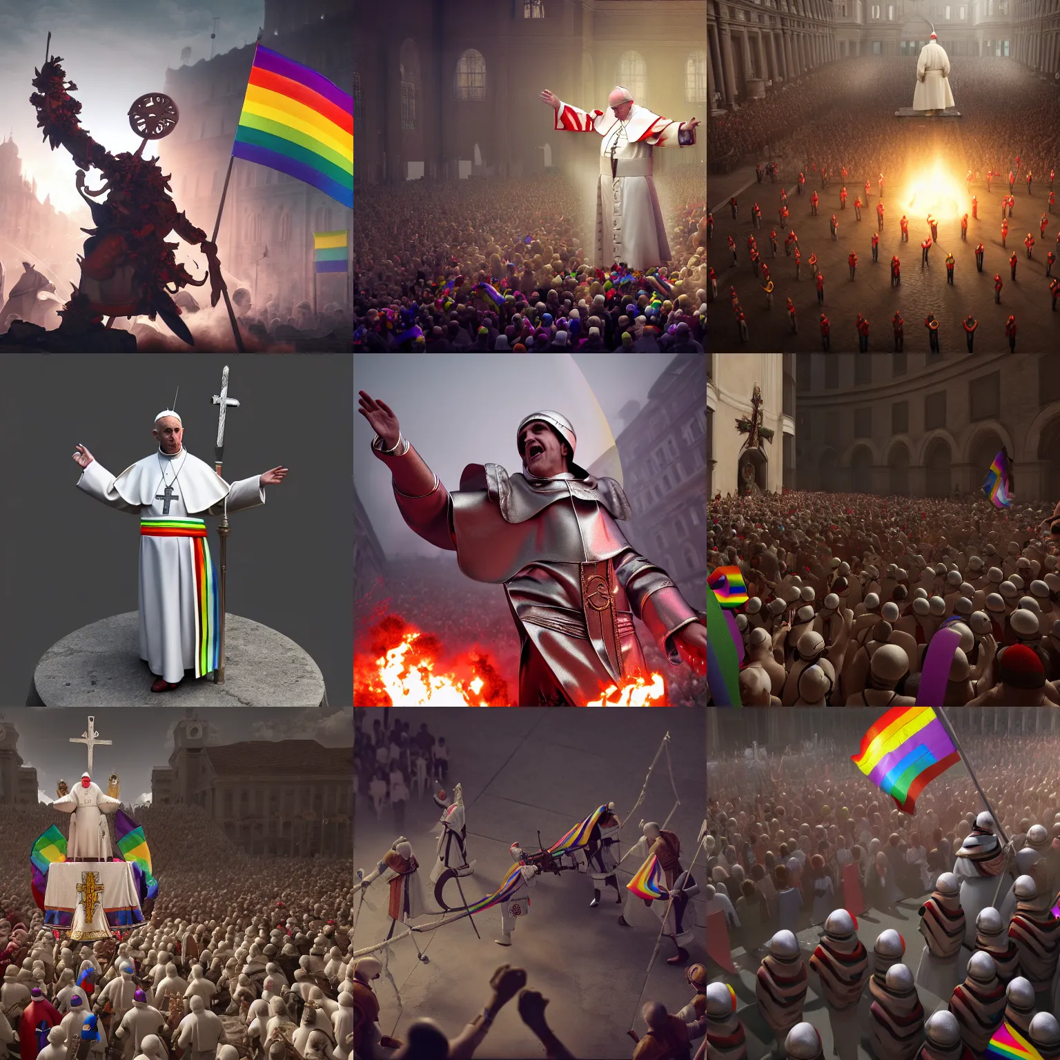 Prompt: Pope is trying desperately to fight off members of the LGBTQ group, photography, highly detailed HD, sharp focus, smooth, octane render, 4k, artstation, dynamic lighting