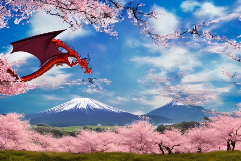 Image similar to a full body dragon flying in the sky of the japanese countryside town in a summer afternoon, quiet, leisure, cherry blossoms on the full sky