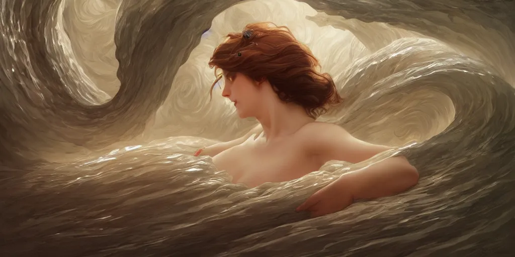 Image similar to inside the curl of a wave, elegant, highly detailed, digital painting, artstation, concept art, smooth, sharp focus, illustration, ArtStation, art by artgerm and greg rutkowski and alphonse mucha and J. C. Leyendecker and Edmund Blair Leighton and Charlie Bowater