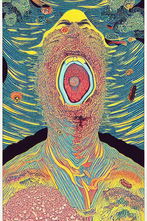 Image similar to man eats a tab of LSD acid on his tongue and dreams psychedelic hallucinations, screenprint by kawase hasui, alex grey and dan hillier, colorful flat surreal design, hd, 8k, artstation