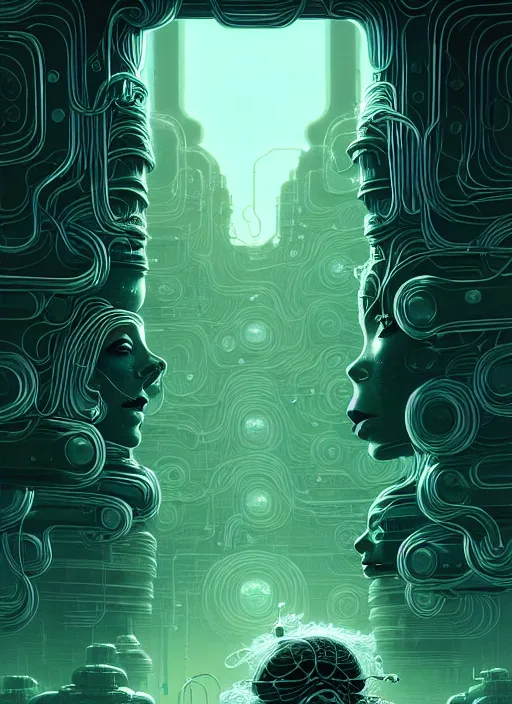 Image similar to highly detailed portrait of a biopunk long curly white hair tribal lady, stray wiring by atey ghailan, james gilleard, by joe fenton, by greg rutkowski, by greg tocchini, by kaethe butcher, 4 k resolution, gradient green, black and white color scheme!!! ( ( irradiated robotic mountain landscape background ) )