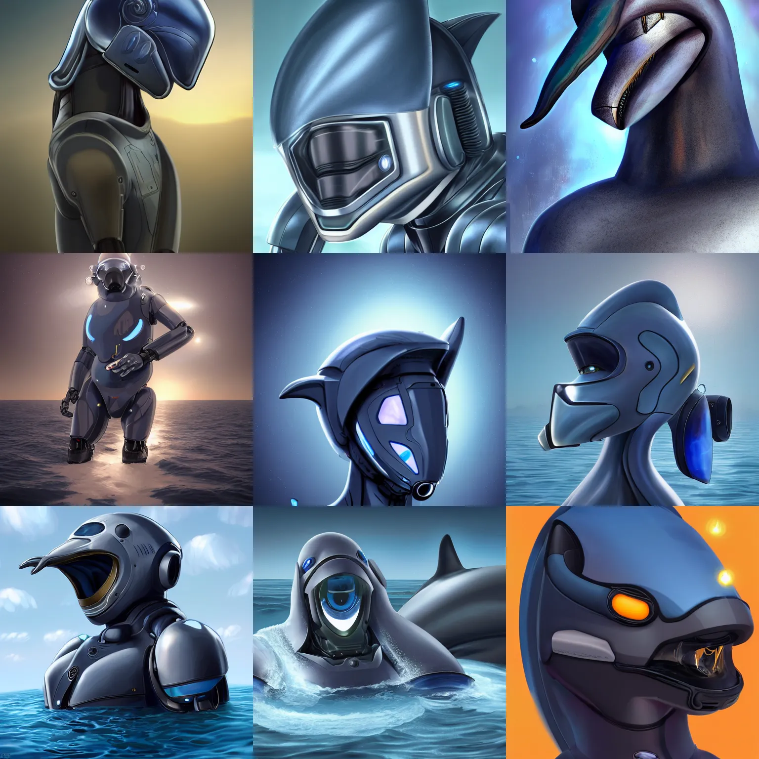 Prompt: very very beautiful furry art, male robotic anthro dolphin, integrated synthetic cetacean hybrid android, face covered by dark opaque visor, wide bottlenose snout protruding from under visor, smooth round shapes, all dark blue metal, commission on furaffinity, cgsociety, octane render, sea in background