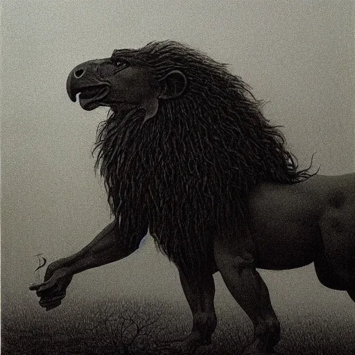 Image similar to a creature with the body and eyes of a man, with the beak of an eagle, the mane of a lion, and the horn of an ox. drawn by zdzislaw beksinski