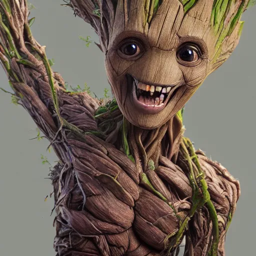 Image similar to groot, hyper detailed, digital art, trending in artstation, cinematic lighting, studio quality, smooth render, unreal engine 5 rendered, octane rendered, art style by klimt and nixeu and ian sprigger and wlop and krenz cushart