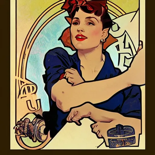 Image similar to a portrait of Rosie the riveter by Alphonse Mucha, art nouveau card, concept art, wlop, trending on artstation, 8k