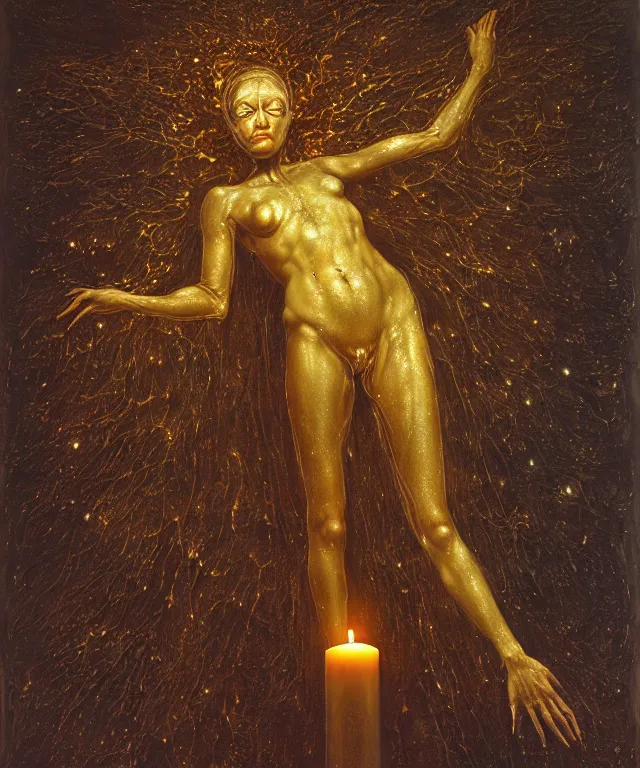 Prompt: Beautiful full-body wax sculpture of glowing transparent woman with visible golden bones covered with melted white candle wax inside the singularity where stars becoming baroque folds of dark matter by Michelangelo da Caravaggio, Nicola Samori, William Blake, Alex Grey and Beksinski, dramatic volumetric lighting, highly detailed oil painting, 8k, masterpiece