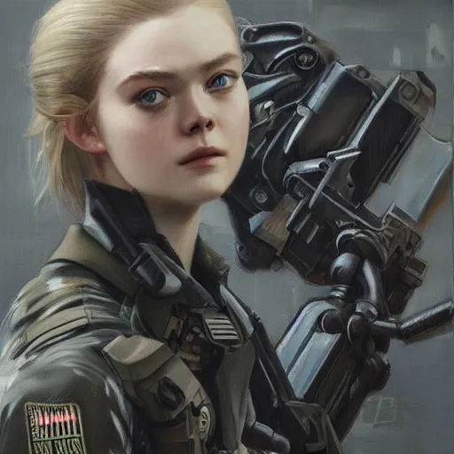 Image similar to ultra realistic portrait painting of elle fanning in metal gear solid and death stranding wearing swat gear, art by frank frazetta, 4 k, ultra realistic, highly detailed, epic lighting