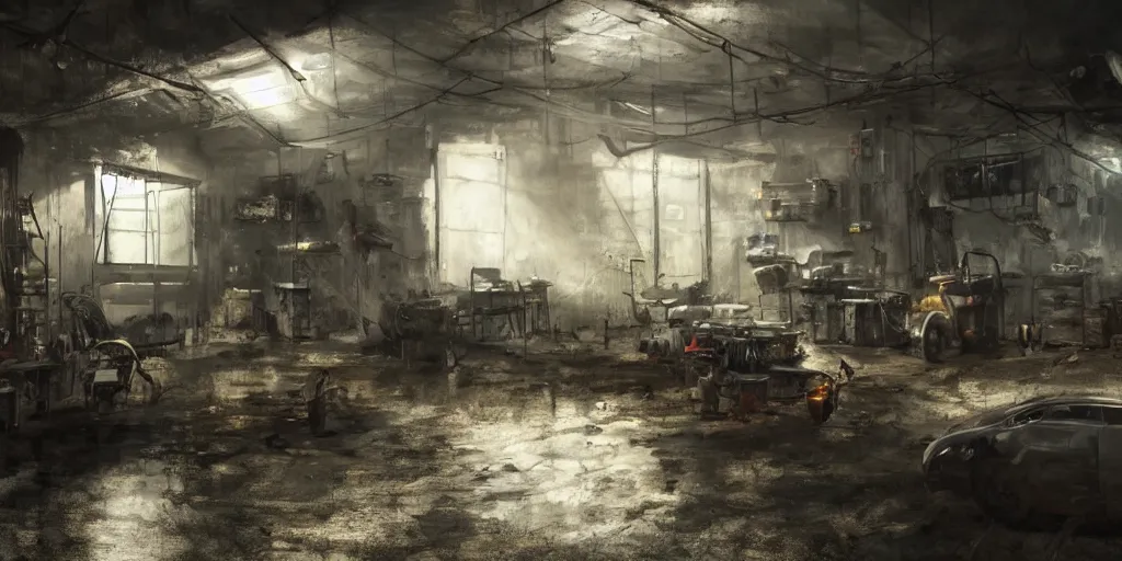 Prompt: mechanic garage interior inside an African favela, broken light from small hole in ceiling, high contrast, metal sheets with chipped paint for walling, shelves, spare parts, van under construction, wide angle lens, movie shot, trending on Artstation, highly detailed, moody atmospheric, hazy, style of Craig Mullins,