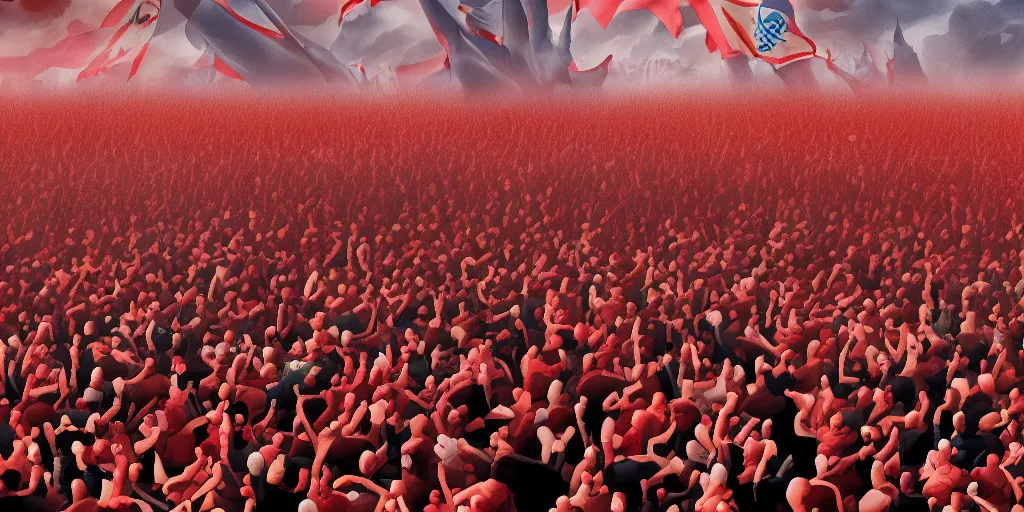 Prompt: the masses rising up against the monster shadow, communist propaganda poster style, digital art, 8K HD