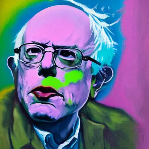 Image similar to bernie sanders like a dream, oil painting, cyberpunk, basquiat + francis bacon, elevated street art, fantasy lut, pink, blue, purple, green,