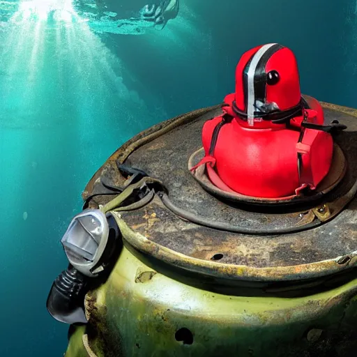 Prompt: diving helmet on a table in a sunken submarine with a decomposing human head inside, hyper - realistic, dark, green red and black