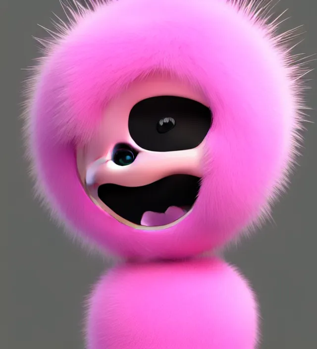 Image similar to high quality 3 d render hyperrealistic very cute big pink little spherical creature, happy, smile, plush mascot, short spiky dense fluffy smooth fur, isometric view, pink fluffy fur, 1 5 0 mm, beautiful natural soft light, rim light, smooth background, artstation, ultra detailed, elegant, ultra detailed, metallic armor, octane render