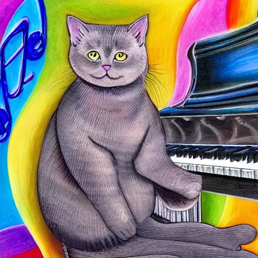 Image similar to british shorthair cat sitting on surreal curved piano keys, surrounded by musical notes, colorful detailed painting in the style of josephine wall 4 k