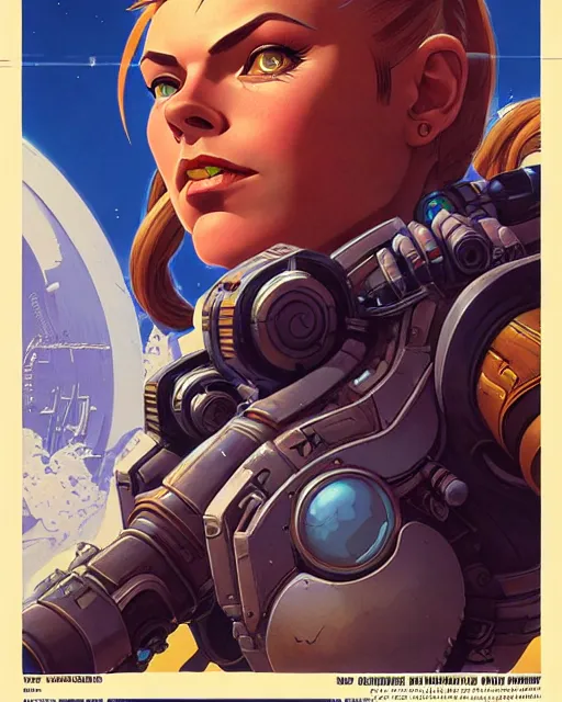 Prompt: brigitte from overwatch, character portrait, portrait, close up, concept art, intricate details, highly detailed, vintage sci - fi poster, retro future, in the style of chris foss, rodger dean, moebius, michael whelan, and gustave dore