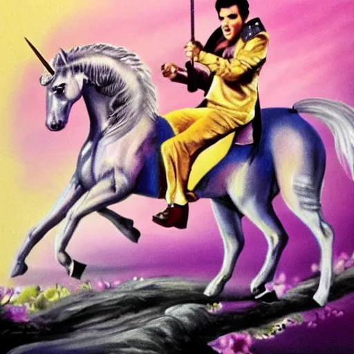 Image similar to Elvis Presley on a unicorn, fantasy art