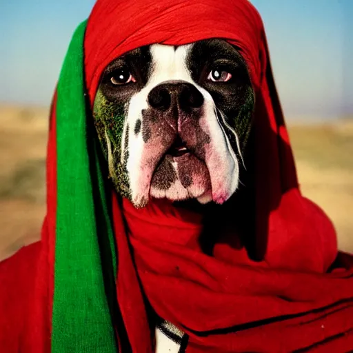 Prompt: portrait of american bulldog as afghan girl, green eyes and red scarf looking intently, photograph by steve mccurry, national geographic