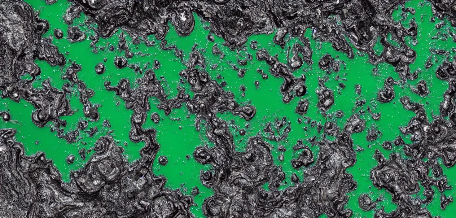 Image similar to satellite image of apocalyptic desert planet, oceans covered in mysterious black gooey liquid slime, rare green