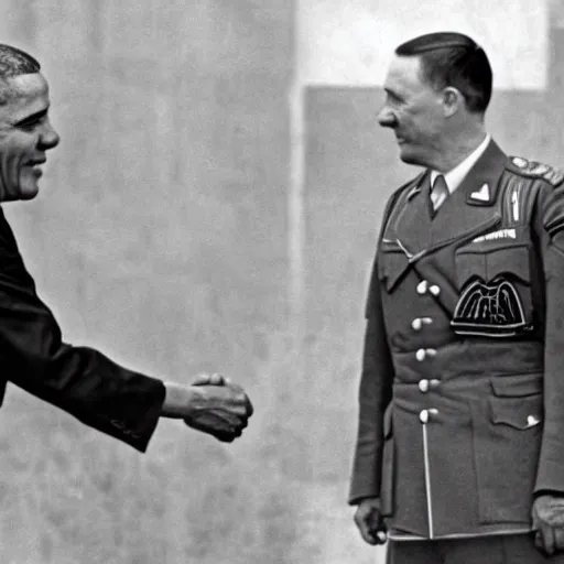 Prompt: Obama shakes hands with Adolf Hitler secret general, Real Event, Historical Event, Realistic,