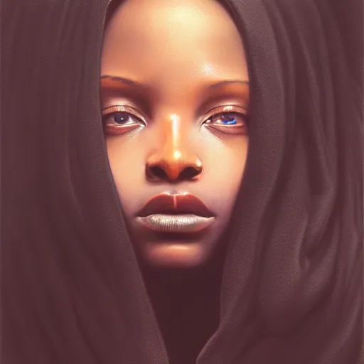 Image similar to a portrait of a young black woman wearing a long dark cloak, hood and shadows covering face, anatomically correct, beautiful perfect face, enigmatic, oil painting, matte painting, black background, Volumetric dynamic lighting, Highly Detailed, Cinematic Lighting, Unreal Engine, 8k, HD, by Beksinski