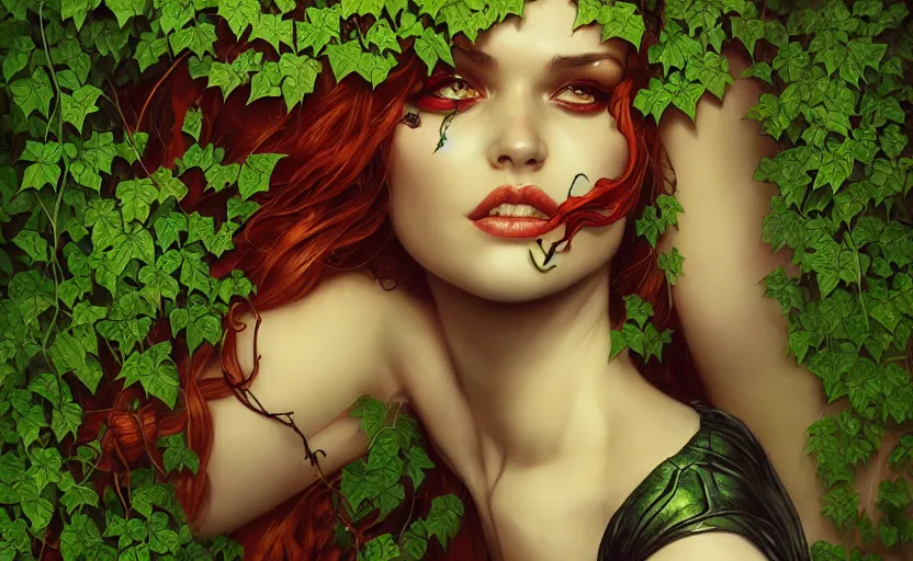 Prompt: poison ivy battle pose Batman wrapped up in vines, illustration, realistic eyes, artstation, cinematic lighting, hyperdetailed, detailed realistic symmetrical eyes, cgsociety, 8k, high resolution, Charlie Bowater, Tom Bagshaw, Norman Rockwell, insanely detailed and intricate, prison background