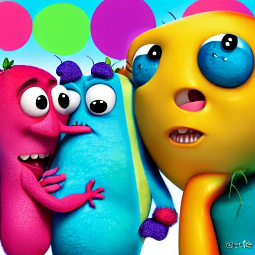 Image similar to happy cute friendly fun hugging tutti frutti characters, pixar, digital, vivid, hyperdetailed