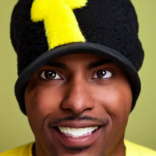 Image similar to a bald black man with a pikachu hat, close up