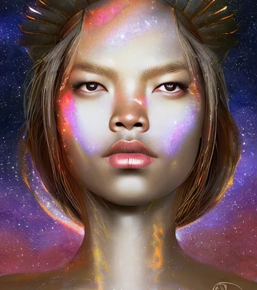 Prompt: close-up portrait of Lalisa Manobal as Galaxy Goddess, rule of thirds, captivating, face anatomy, relaxing on a fiery volcano, thermal lava flowing down dark travertine terraces, inferno lake, intricate, elegant, luxurious, digital painting, concept art, smooth, sharp focus, from Star Trek 2021, illustration, by WLOP and Ruan Jia and Mandy Jurgens and Peter mohrbacher