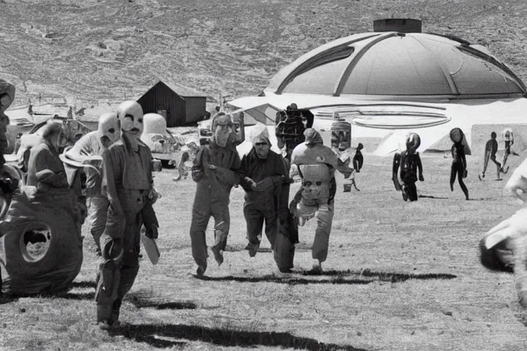 Prompt: leaked 1960s photograph of aliens and UFOs inside area 51