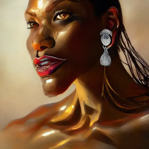 Image similar to detailed oil portrait of tall muscular shining bronze - skinned warrior cat with silver eyes, with short wavy flowing black hair and big gold earrings, jewelry, red lipstick, makeup, feminine, volumetric lighting, dynamic composition, art by sachin teng and sergey kolesov and ruan jia and heng z, scifi, concept art