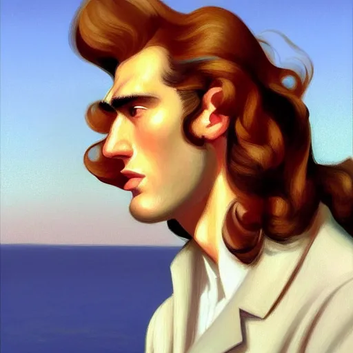 Prompt: A beautiful close-up of a young white-haired male model with very long curly hair, dressed like in the 1940s, digital art by Edward Hopper, vibrant color scheme, highly detailed, in the style of romanticism, fine Art, high detail, great lighting, 8k resolution, masterpiece, concept art, illustration, clear eyes, soft lighting, soft details, painting oil on canvas, octane render, HDR, trending on artstation, 4k, 8k, HD