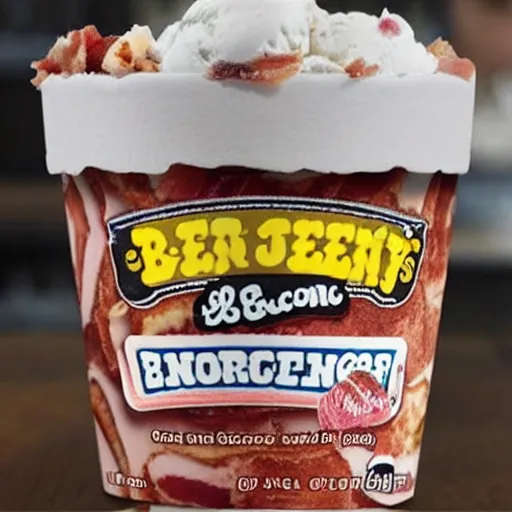 Image similar to ben and jerry's bacon flavoured ice cream, bacon written on the front