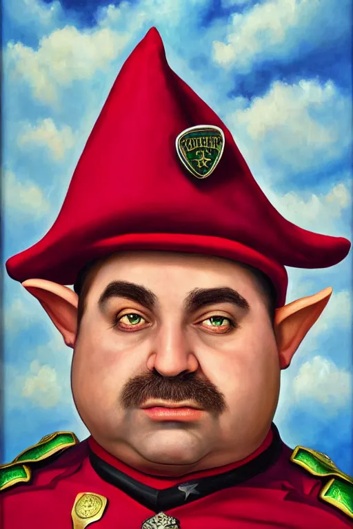 Image similar to high fantasy elf mall cop with a sheriff's badge that is fat, shifty, and incompetent, portrait from the chest up by Carvagio, Oil Painting, hyper realistic,, 8k UHD scan