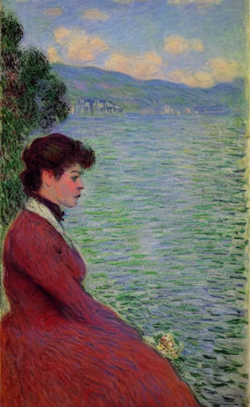 Image similar to portrait by claude monet!! of a lovely woman!! looking at us daydreaming! lake como in background!!!