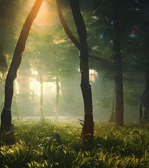 Image similar to daydreaming of the sun glares, fluidity transparent dance of the blockchain sheets, cyberpunk forest, majestic light, octane render, beauty fog, ethereal glare of the sun, raining rainbow, volumetric lighting, hyperealistic, epic, masterpiece