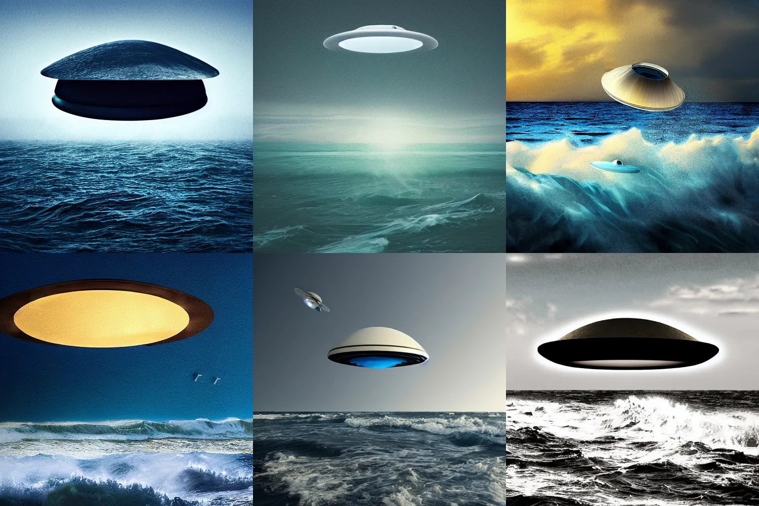 Prompt: a ufo flying close to the water out in the ocean, digital art, rough waves, mysterious, ambient lighting,