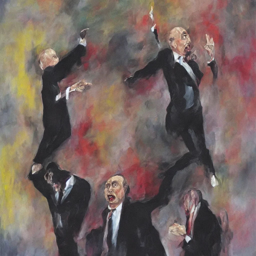 Prompt: oil painting of evil vladimir putin, screaming eyes wide shot art by francis bacon