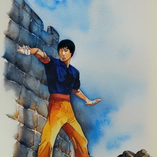 Prompt: watercolor painting, bruce lee stands on the great wall, showing strong muscles, sharp eyes, and posing in a classic pose by wu jinyuan, the maple leaves outside the great wall are gorgeous ， pencil art, detailed, handsome, colored, bloody