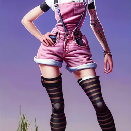 Image similar to full body pose, pixar, beautiful androgynous girl, pink pixie cut hair, torn overalls, short shorts, combat boots, fishnets, beautiful, highly detailed face, true anatomy!, extremely detailed!, digital painting, unreal engine 5, art by tom bagshaw